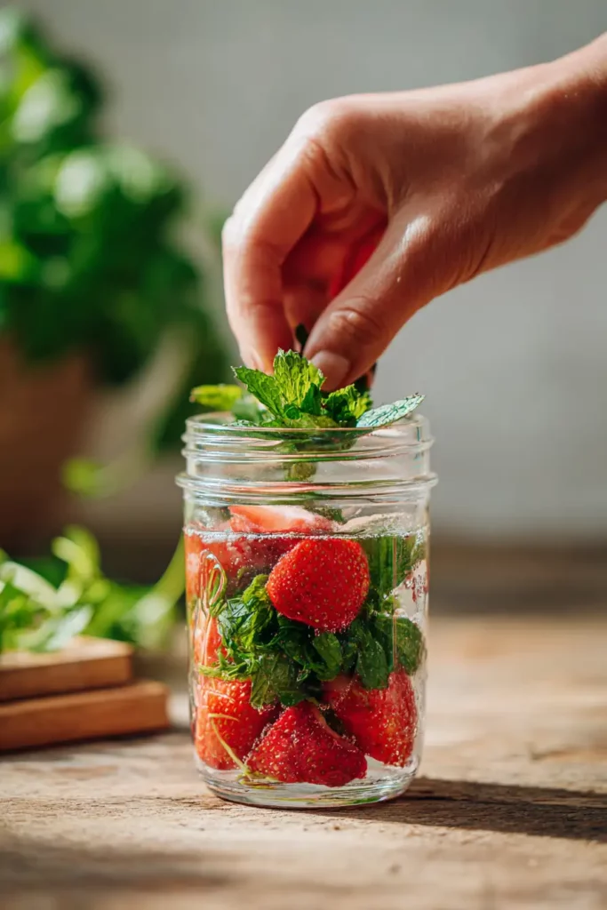 Mashing strawberries and mint for infused water