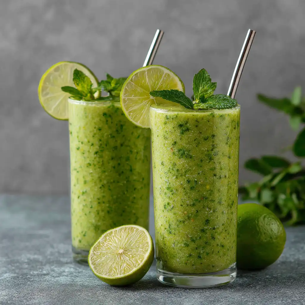 Served spinach pineapple smoothies with lime and mint