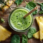 Spinach pineapple cleansing smoothie in glass jar