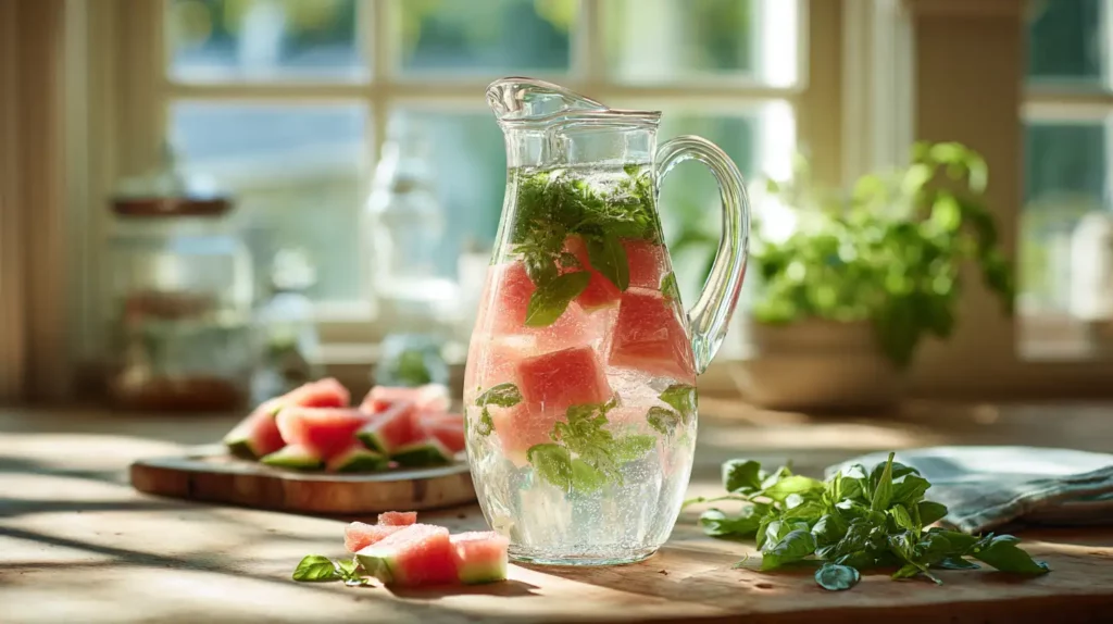 Watermelon basil detox water in glass pitcher