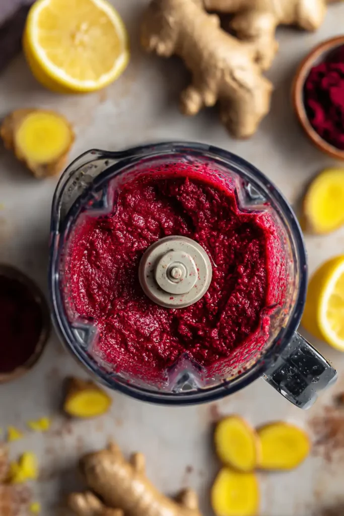 Blender method for making ginger beet lemon detox shot