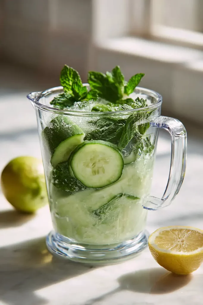 Blending cucumber aloe detox drink ingredients