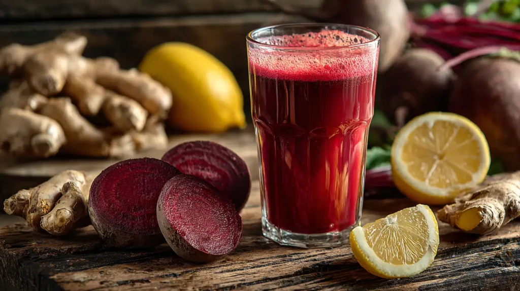 Ginger Beet Lemon Detox Shot in a clear glass with fresh ingredients