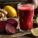 Ginger Beet Lemon Detox Shot in a clear glass with fresh ingredients