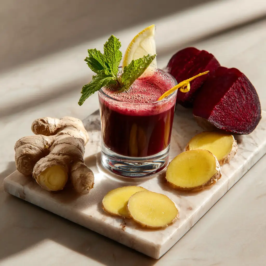 Ginger Beet Lemon Detox Shot served chilled
