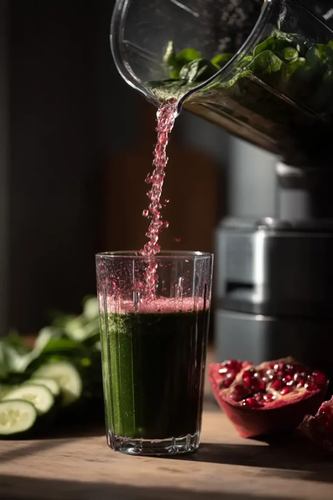 Making fresh Pomegranate Green Detox Juice with a blender