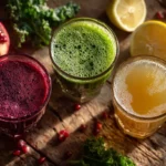 Pomegranate Green Detox Juice in three versions: juice, smoothie, and tea