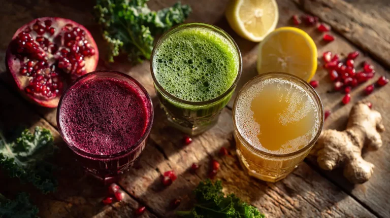 Pomegranate Green Detox Juice in three versions: juice, smoothie, and tea